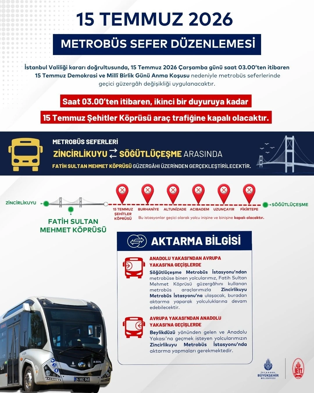 15 Temmuz&rsquo;da metrob&uuml;s seferlerinde yeni d&uuml;zenleme: Metrob&uuml;sler FSM K&ouml;pr&uuml;s&uuml;&rsquo;nden ge&ccedil;ecek
