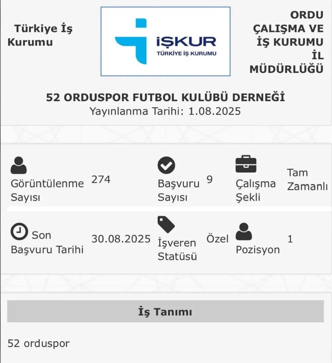 52 Orduspor, İŞKUR üzerinden futbolcu ilanı verdi