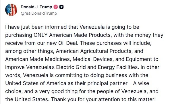 ABD Başkan Trump: "Venezuela, petrol anlaşmasından elde edeceği gelirle yalnızca ABD yapımı &uuml;r&uuml;nleri satın alacak"
