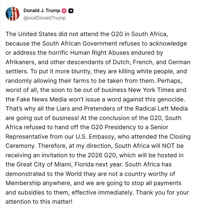 ABD Başkanı Donald Trump: &quot;Güney Afrika Miami’de yapılacak 2026 G20 Zirvesi’ne davet edilmeyecek&quot;
