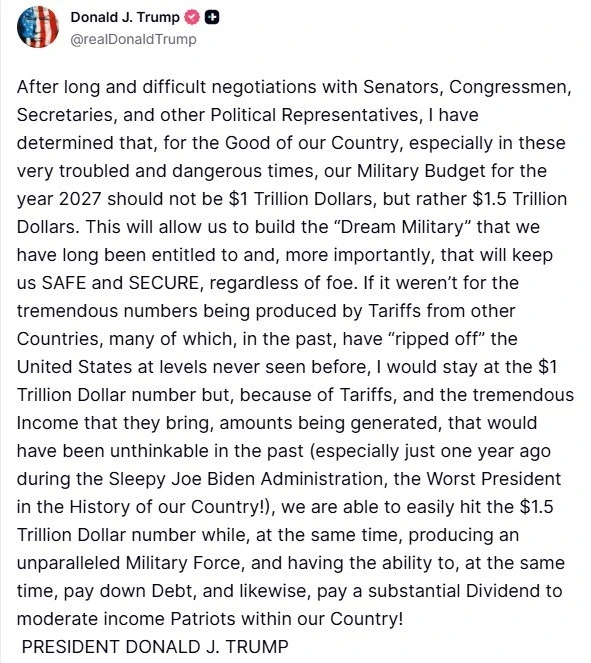 ABD Başkanı Trump: "2027 savunma b&uuml;t&ccedil;emizin 1 bu&ccedil;uk trilyon dolar olması gerektiğine karar verdim"
