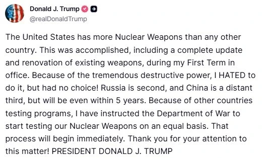 ABD Başkanı Trump’tan Çin Devlet Başkanı Xi görüşmesi öncesinde ABD Savunma Bakanlığı’na nükleer silah denemesi talimatı