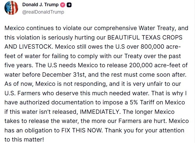 ABD Başkanı Trump’tan Meksika’ya su anlaşması uyarısı: &quot;Yeterli su serbest bırakılmazsa, yüzde 5 gümrük vergisi uygulanacak&quot;
