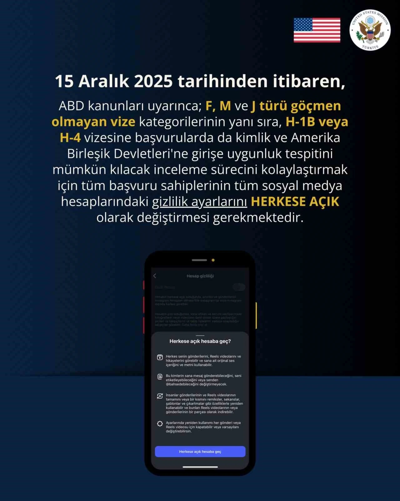 ABD B&uuml;y&uuml;kel&ccedil;iliği: "Vize başvurusu yapacak kişilerin sosyal medya hesaplarını herkese a&ccedil;ık hale getirmesi gerekiyor"
