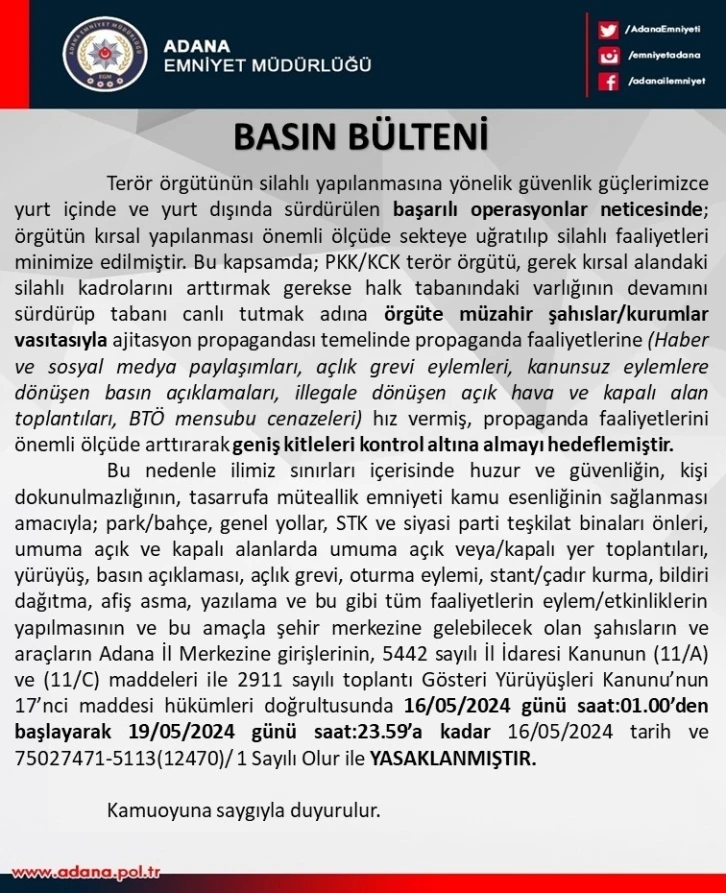 Adana’da yürüyüş ve gösterilere geçici yasak
