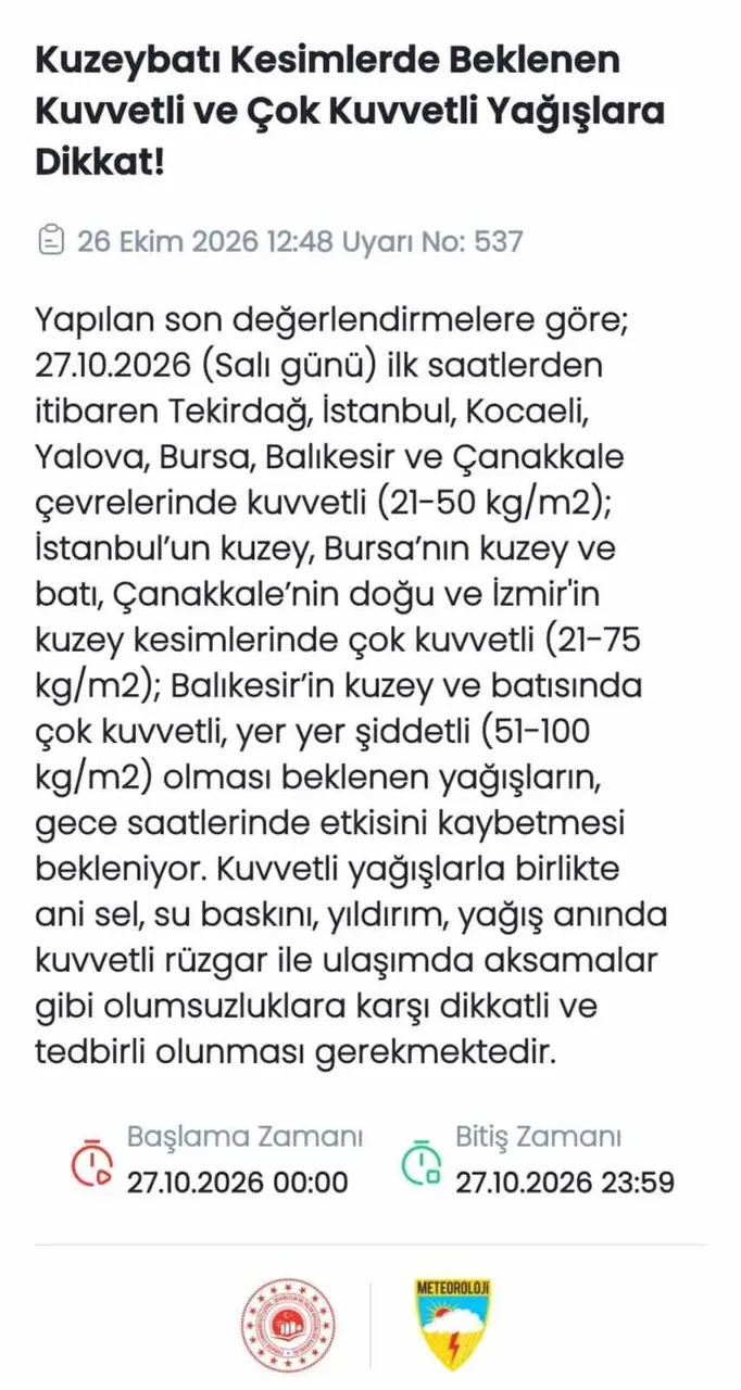 Meteoroloji’den Tekirdağ ve çevre illere kuvvetli yağış uyarısı