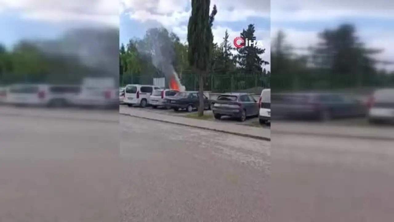 Hastane otoparkında korku dolu anlar, otomobil alevlere teslim oldu