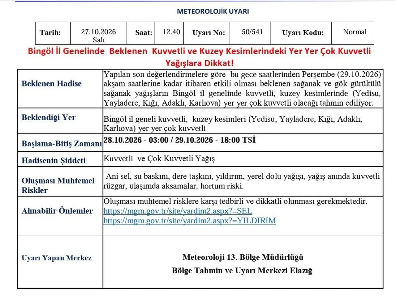 Meteorolojiden Bingöl için kuvvetli yağış uyarısı