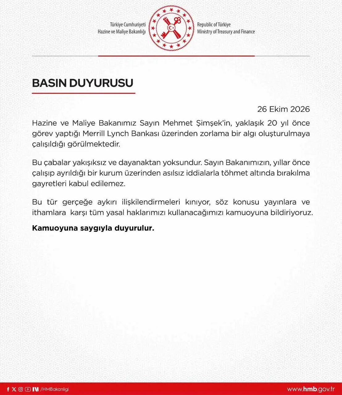 Bakan Şimşek’e yönelik iddialara ilişkin Hazine ve Maliye Bakanlığından yalanlama