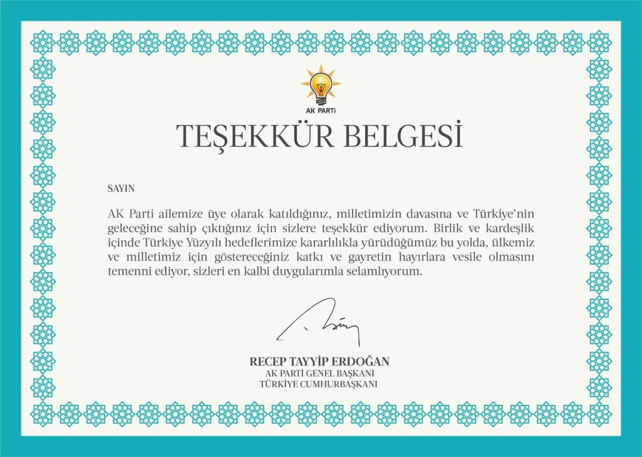AK Parti&rsquo;den 11,5 milyon &uuml;yesine Cumhurbaşkanı Erdoğan imzalı teşekk&uuml;r belgesi
