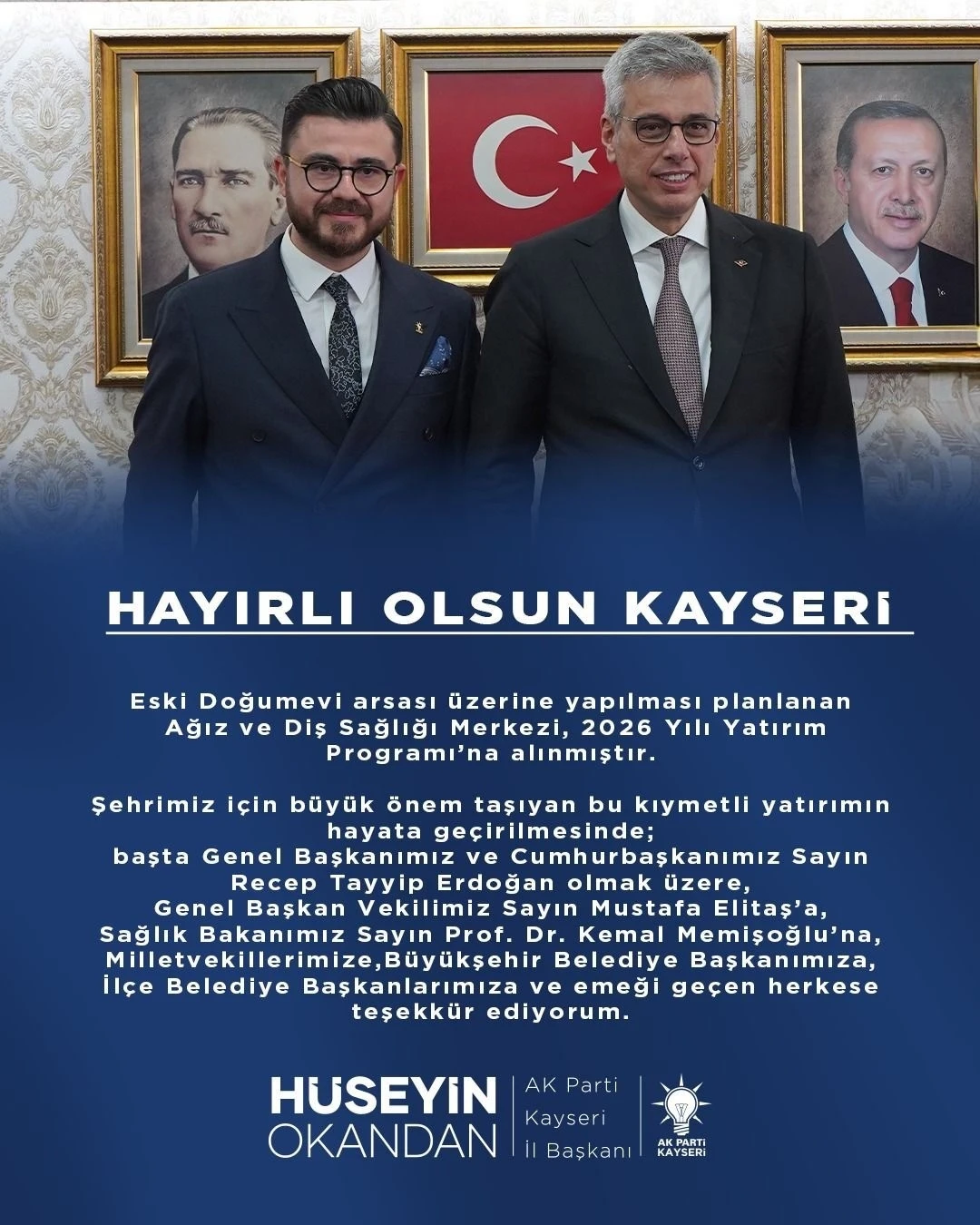 AK Parti İl Başkanı Okandan&rsquo;dan &lsquo;Diş Sağlığı Merkezi&rsquo; teşekk&uuml;r&uuml;
