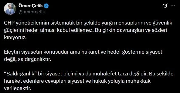 AK Parti S&ouml;zc&uuml;s&uuml; &Ccedil;elik&rsquo;ten CHP&rsquo;ye tepki: "Hakaret ve hedef g&ouml;sterme siyaset değil, saldırganlıktır"
