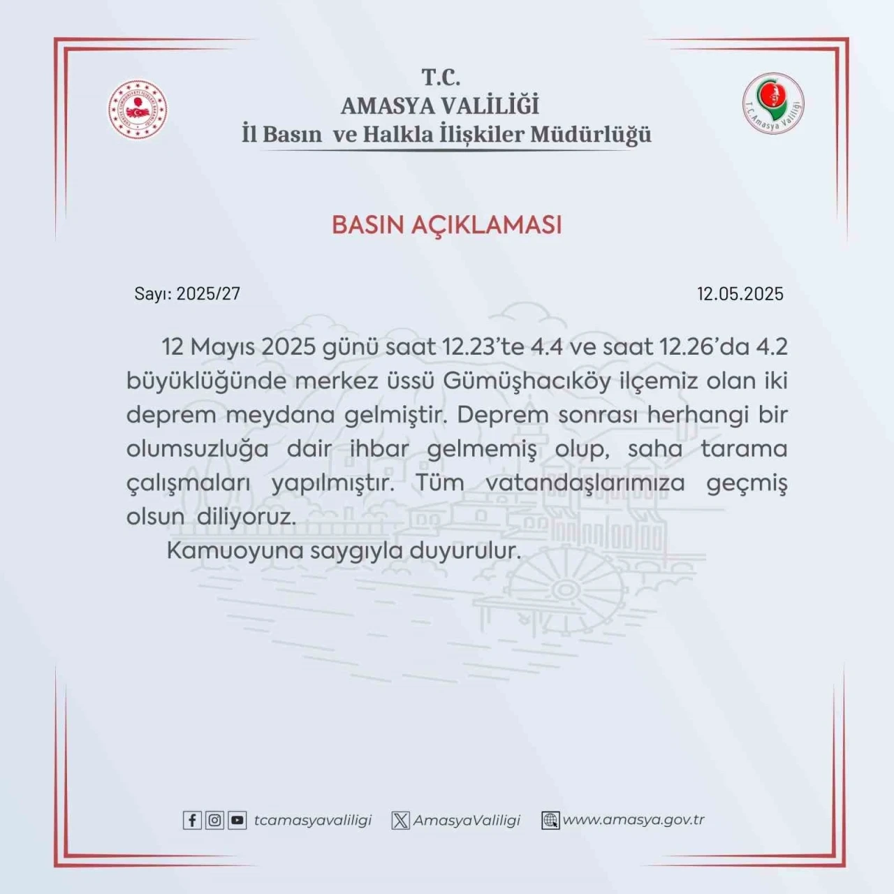 Amasya Valiliği: &quot;Deprem sonrası herhangi bir olumsuzluğa dair ihbar gelmedi&quot;
