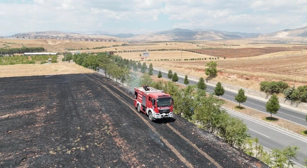Anız yangını ağa&ccedil;lık alana sı&ccedil;ramadan s&ouml;nd&uuml;r&uuml;ld&uuml;

