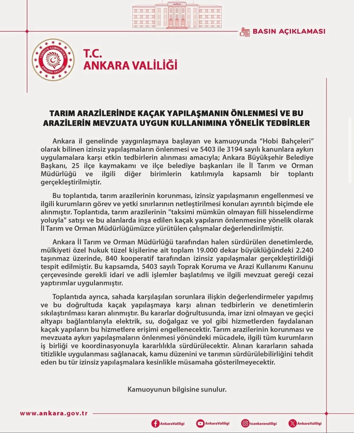 Ankara Valiliği’nden hobi bahçelerine ilişkin karar: Kaçak yapılara yasak
