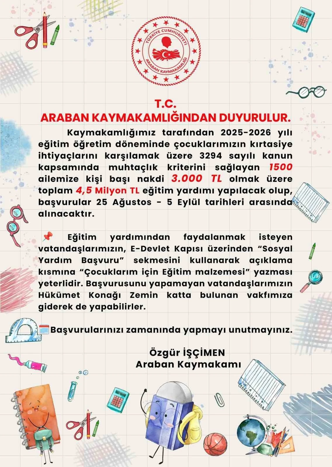 Araban Kaymakamlığı bin 500 ihtiyaç sahibi çocuklara yardım yapacak
