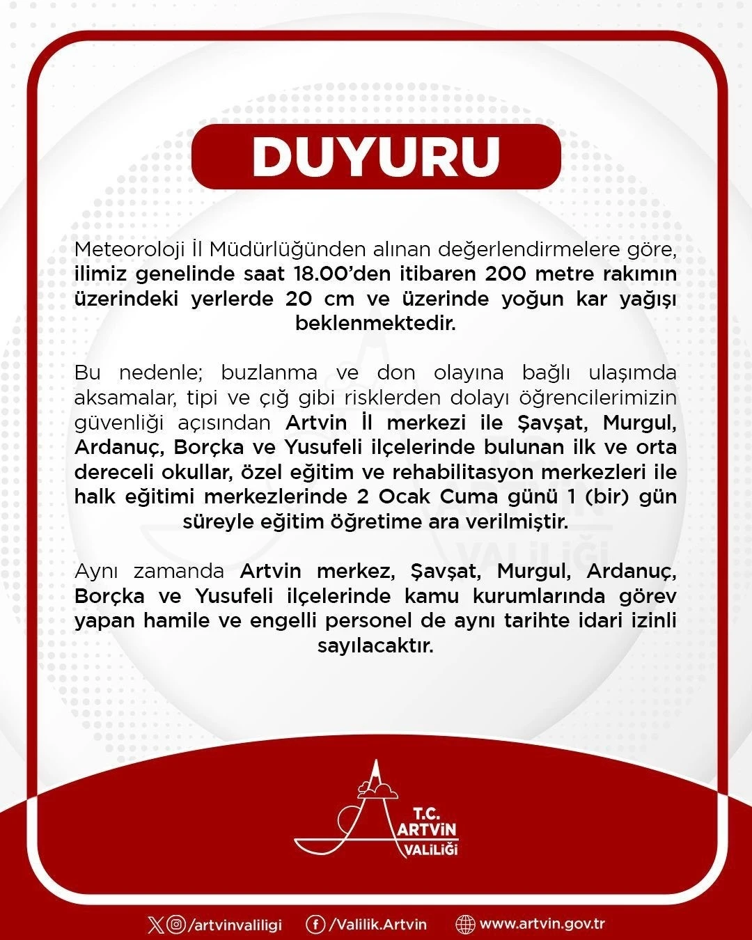 Artvin&rsquo;de eğitime 1 g&uuml;n ara verildi
