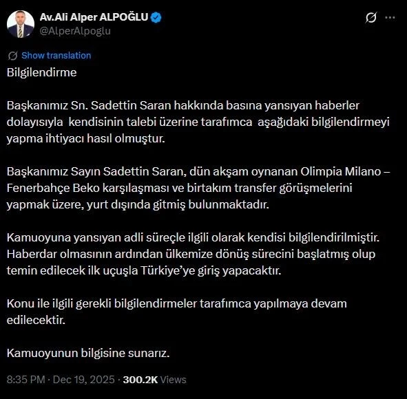 Avukat Ali Alper Alpoğlu&rsquo;ndan Başkan Saran a&ccedil;ıklaması
