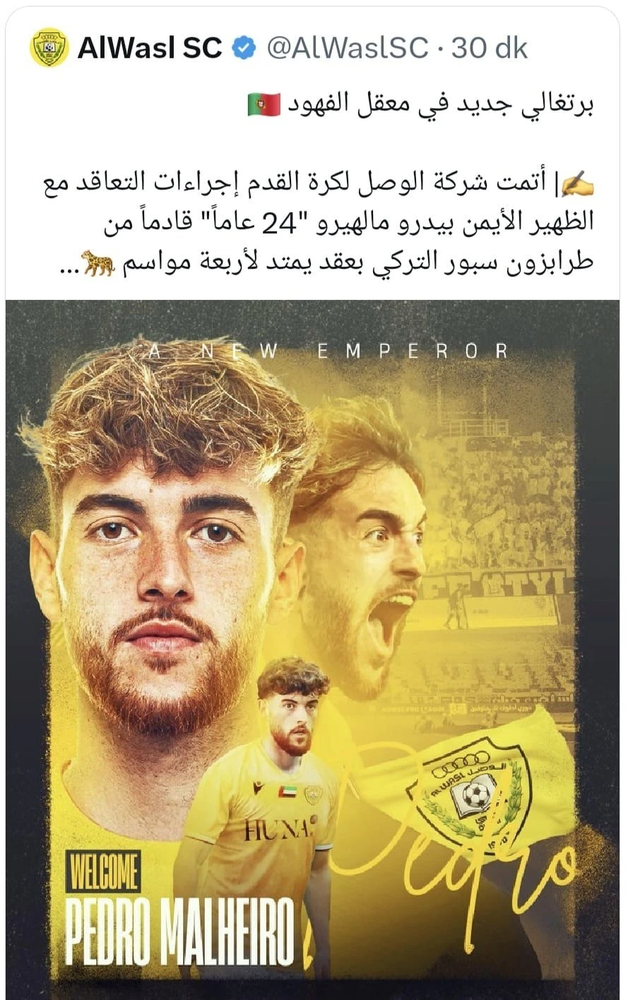 BAE ekibi Al Wasl, Pedro Malheiro ile 4 yıllık sözleşme imzaladığını duyurdu

