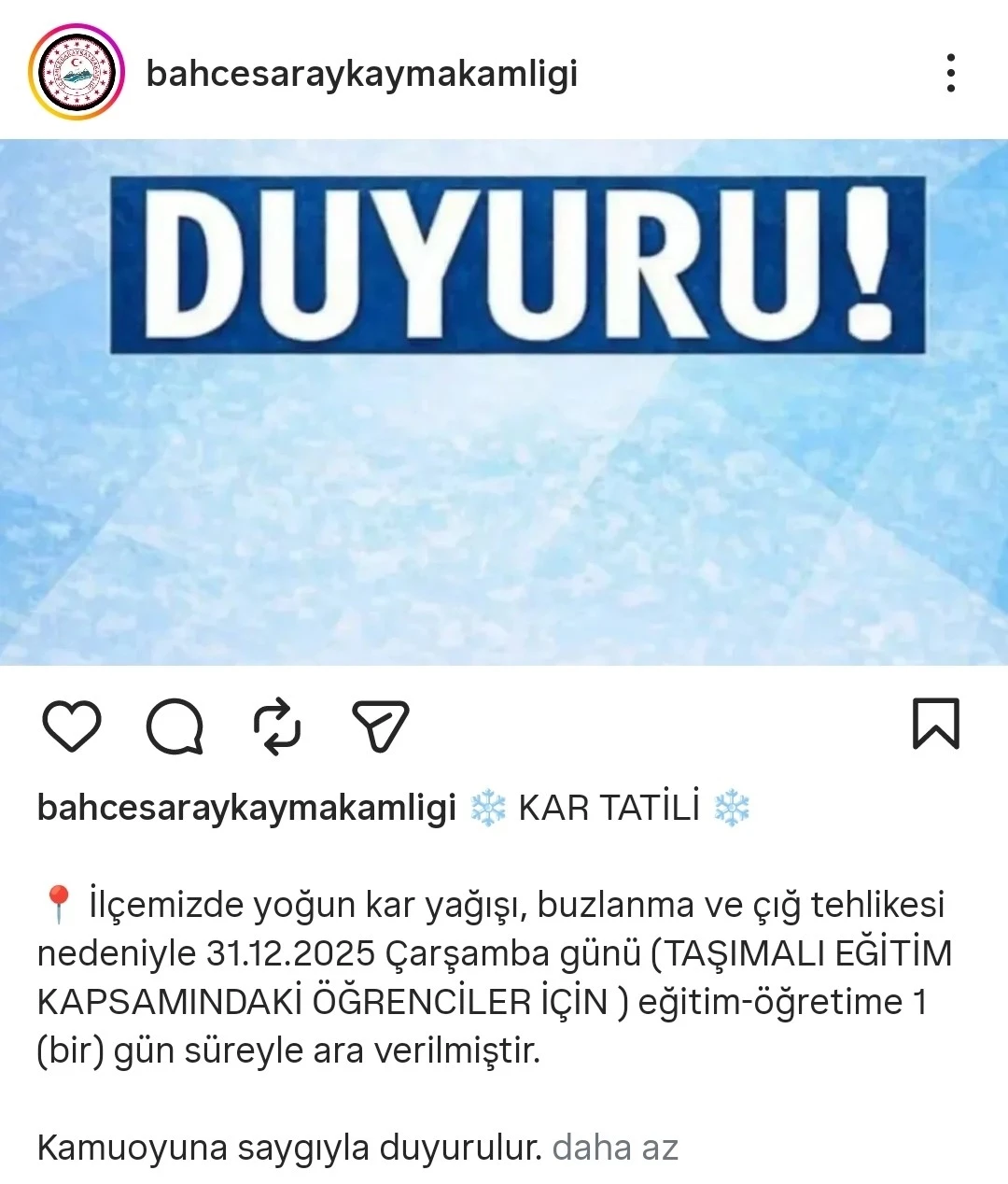 Bah&ccedil;esaray&rsquo;da taşımalı eğitime 1 g&uuml;n ara

