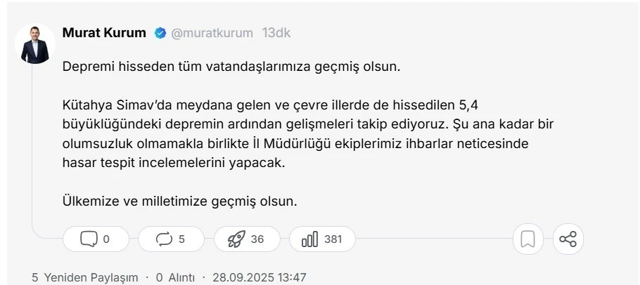Bakan Kurum: &quot;Depremi hisseden tüm vatandaşlarımıza geçmiş olsun&quot;
