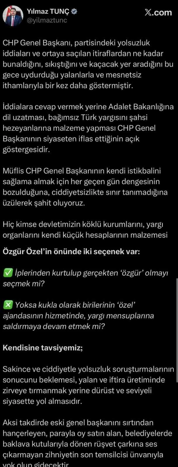 Bakan Tunç: "Özgür Özel’in önünde iki seçenek var"