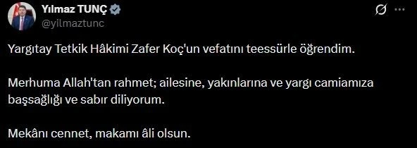 Bakan Tun&ccedil;&rsquo;tan Yargıtay Tetkik Hakimi Ko&ccedil; i&ccedil;in başsağlığı mesajı
