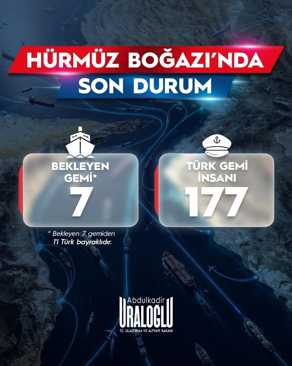 Bakan Uraloğlu: "Savaş başladığından beri H&uuml;rm&uuml;z Boğazı&rsquo;ndan T&uuml;rk sahipli 11 gemimiz g&uuml;venli şekilde ge&ccedil;ti"
