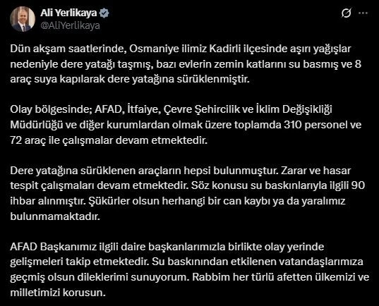 Bakan Yerlikaya, Osmaniye’de taşan dere yatağında can kaybı olmadığını duyurdu

