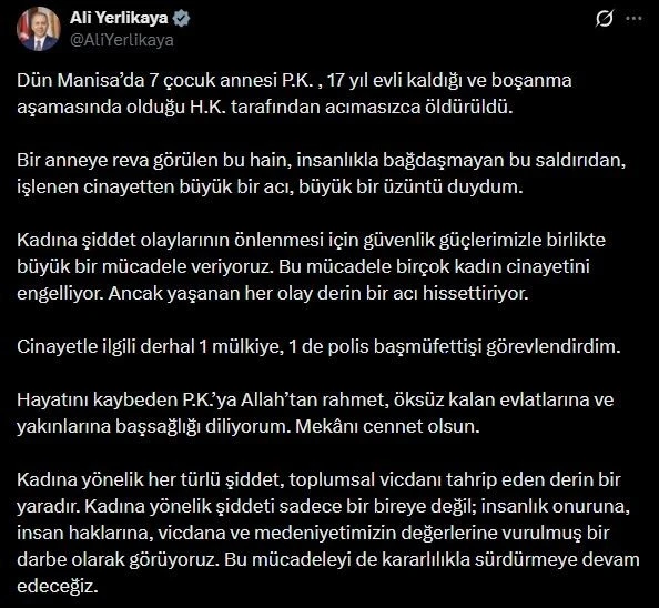 Bakan Yerlikaya: "(Manisa&rsquo;daki cinayet) Cinayetle ilgili derhal 1 m&uuml;lkiye, 1 de polis başm&uuml;fettişi g&ouml;revlendirdim"
