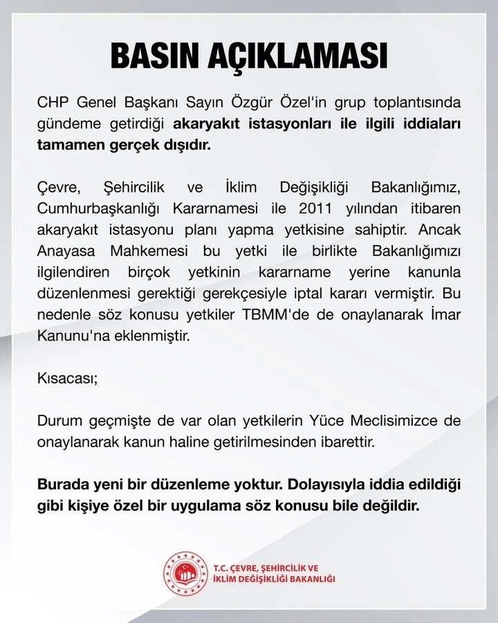 Bakanlıktan Özgür Özel’in akaryakıt istasyonlarıyla ilgili iddialarına yalanlama
