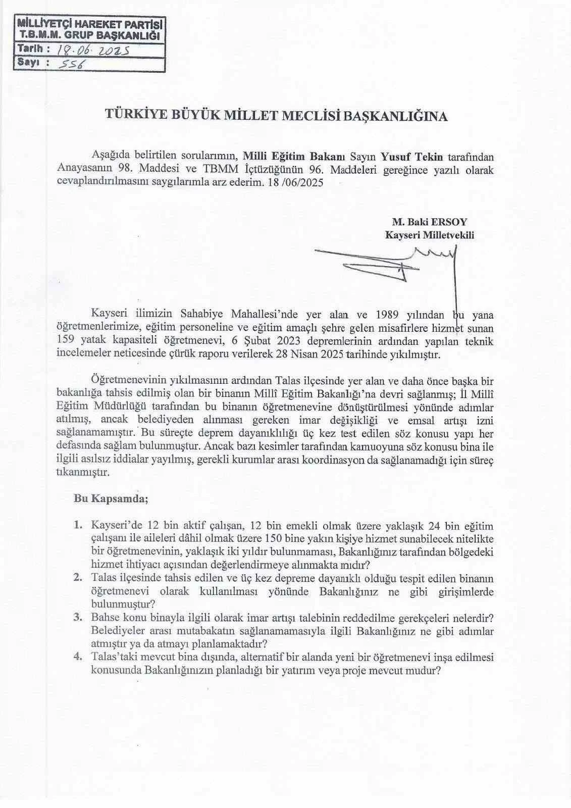 Baki Ersoy’dan ‘Kayseri Öğretmenevi’ için soru önergesi
