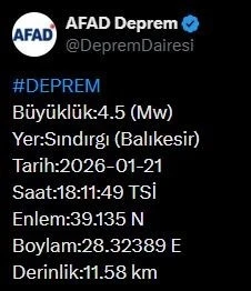 Balıkesir&rsquo;de 4.5 b&uuml;y&uuml;kl&uuml;ğ&uuml;nde deprem
