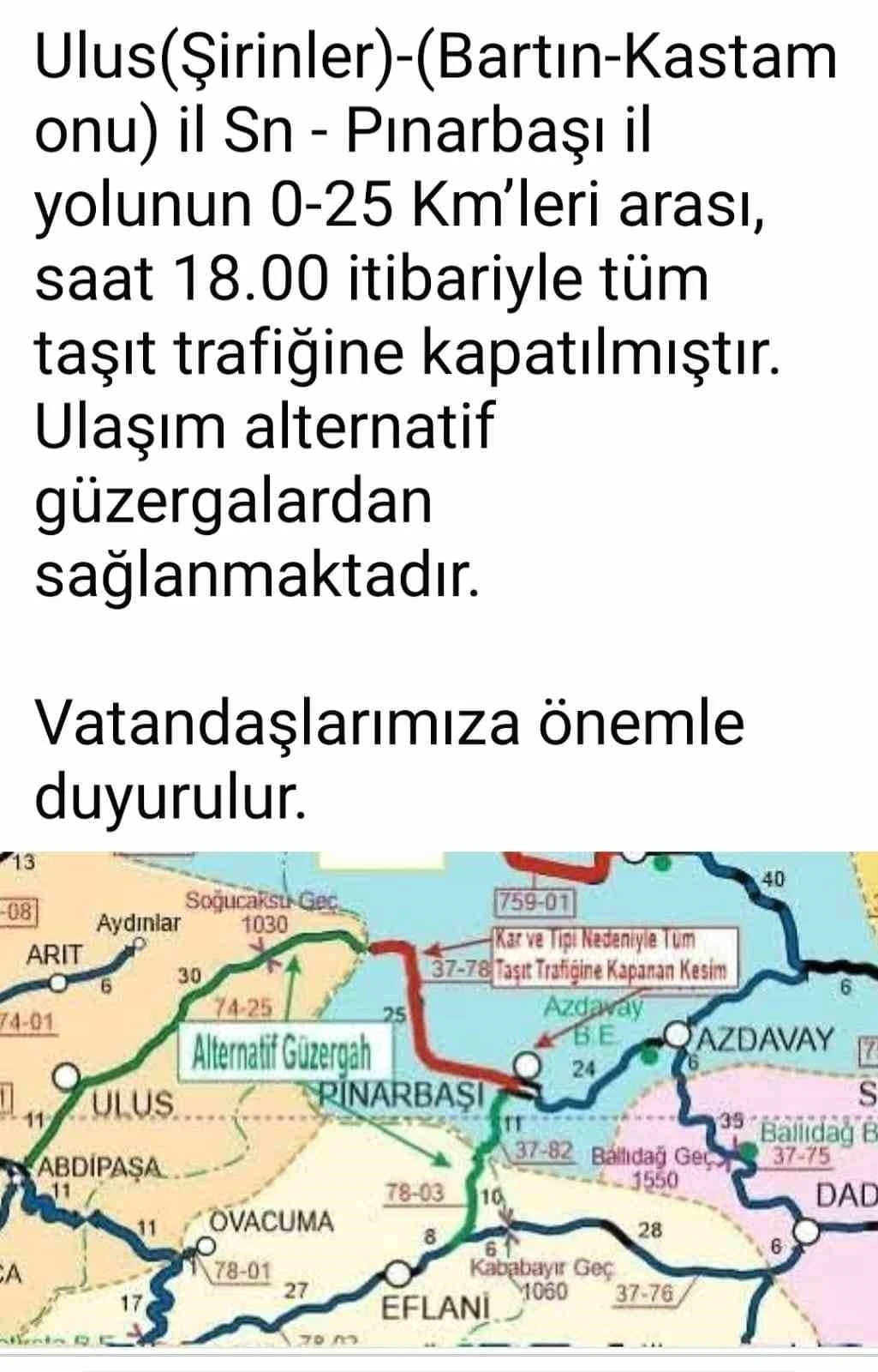 Bartın&rsquo;da kara yolu kar nedeniyle ulaşıma kapandı
