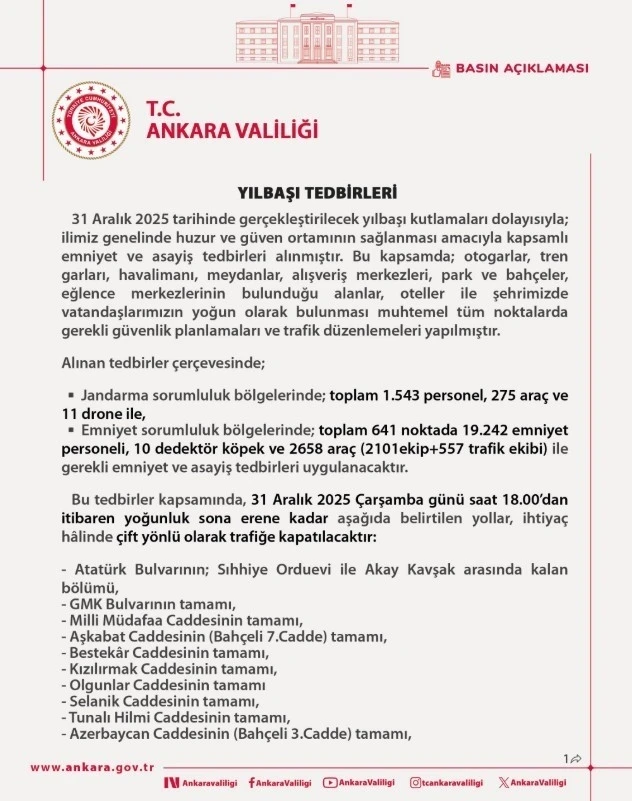 Başkentte yılbaşı tedbirleri: 19 bin 242 emniyet personeli g&ouml;rev alacak
