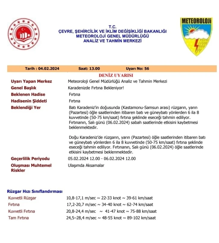 Batı Karadeniz için fırtına uyarısı
