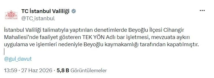 Beyoğlu&rsquo;nda bir bar işletmesi kapatıldı
