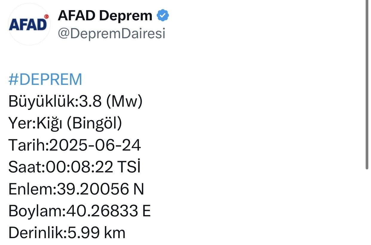 Bingöl’de 3.8 büyüklüğünde deprem
