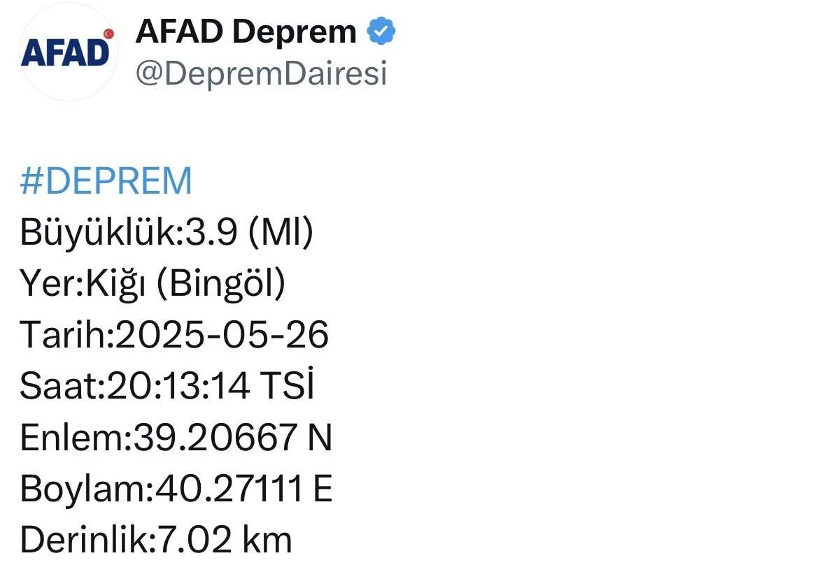 Bingöl’de 3.9 büyüklüğünde deprem
