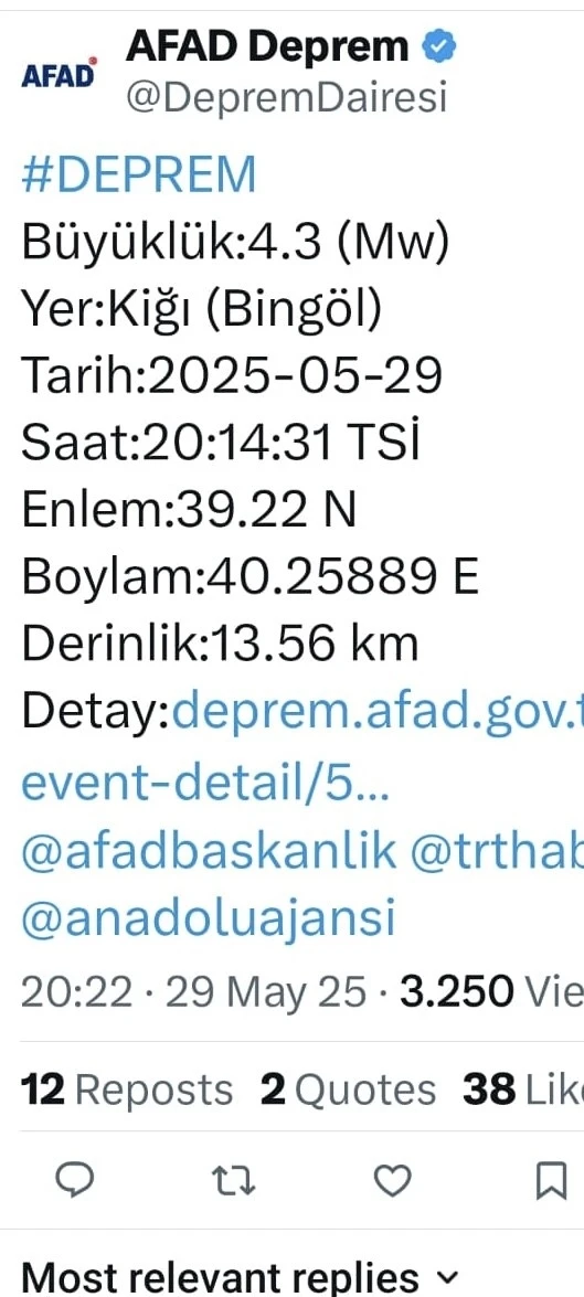 Bingöl’de 4,3 büyüklüğünde deprem
