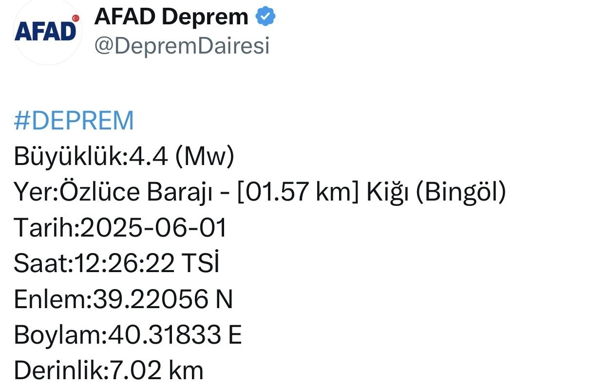 Bingöl’de 4,4 büyüklüğünde deprem
