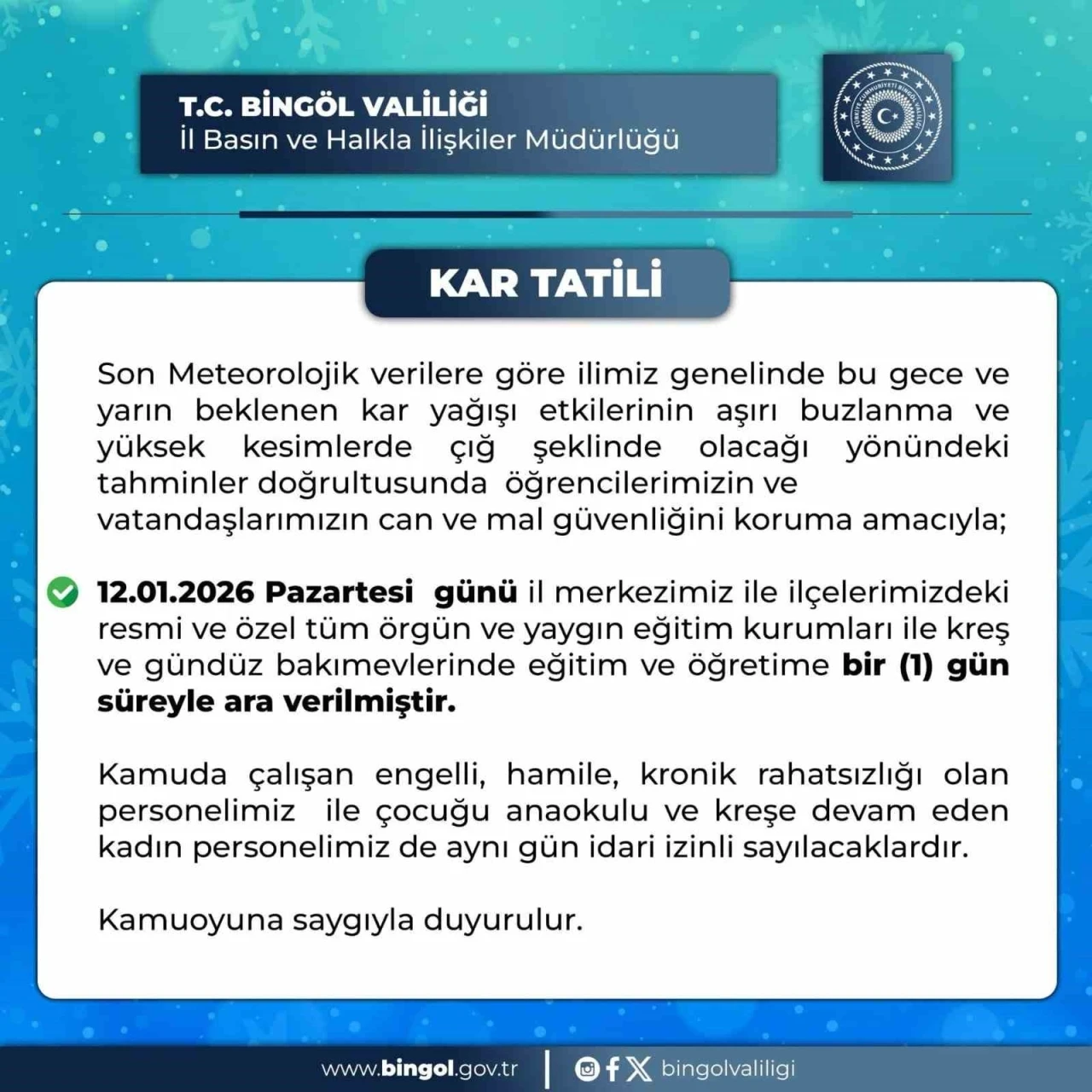 Bing&ouml;l&rsquo;de eğitime 1 g&uuml;n ara
