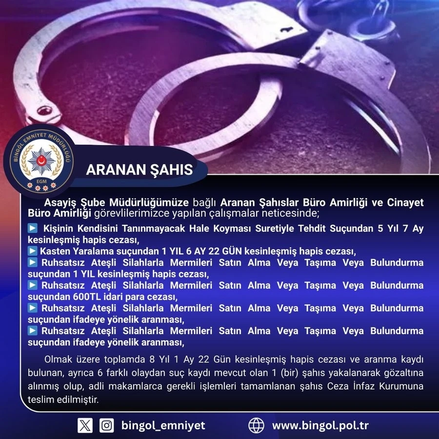 Bingöl’de kesinleşmiş hapis cezası bulunan şüpheli yakalandı
