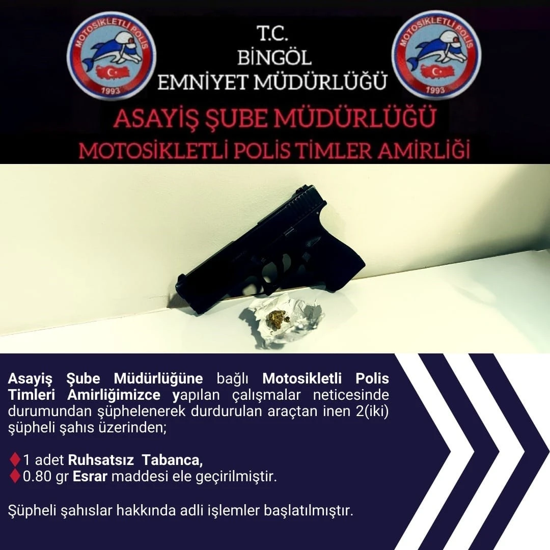 Bingöl’de ruhsatsız tabanca  ve uyuşturucu ele geçirildi
