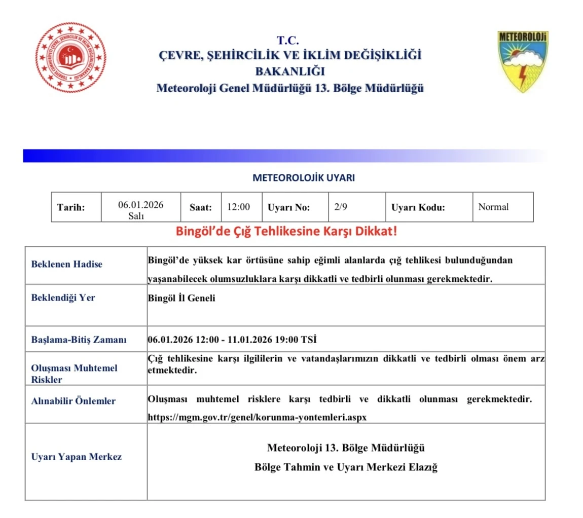 Bing&ouml;l  i&ccedil;in &ccedil;ığ uyarısı
