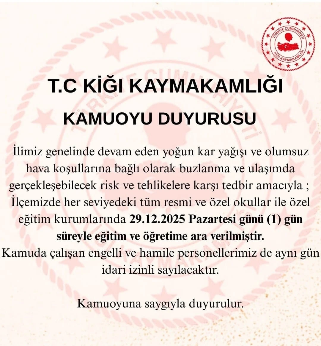 Bing&ouml;l&rsquo;&uuml;n 2 il&ccedil;esinde eğitime 1 g&uuml;n ara verildi
