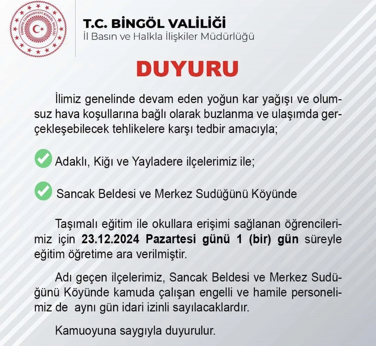 Bingöl’ün üç ilçesinde taşımalı eğitime 1 gün ara verildi