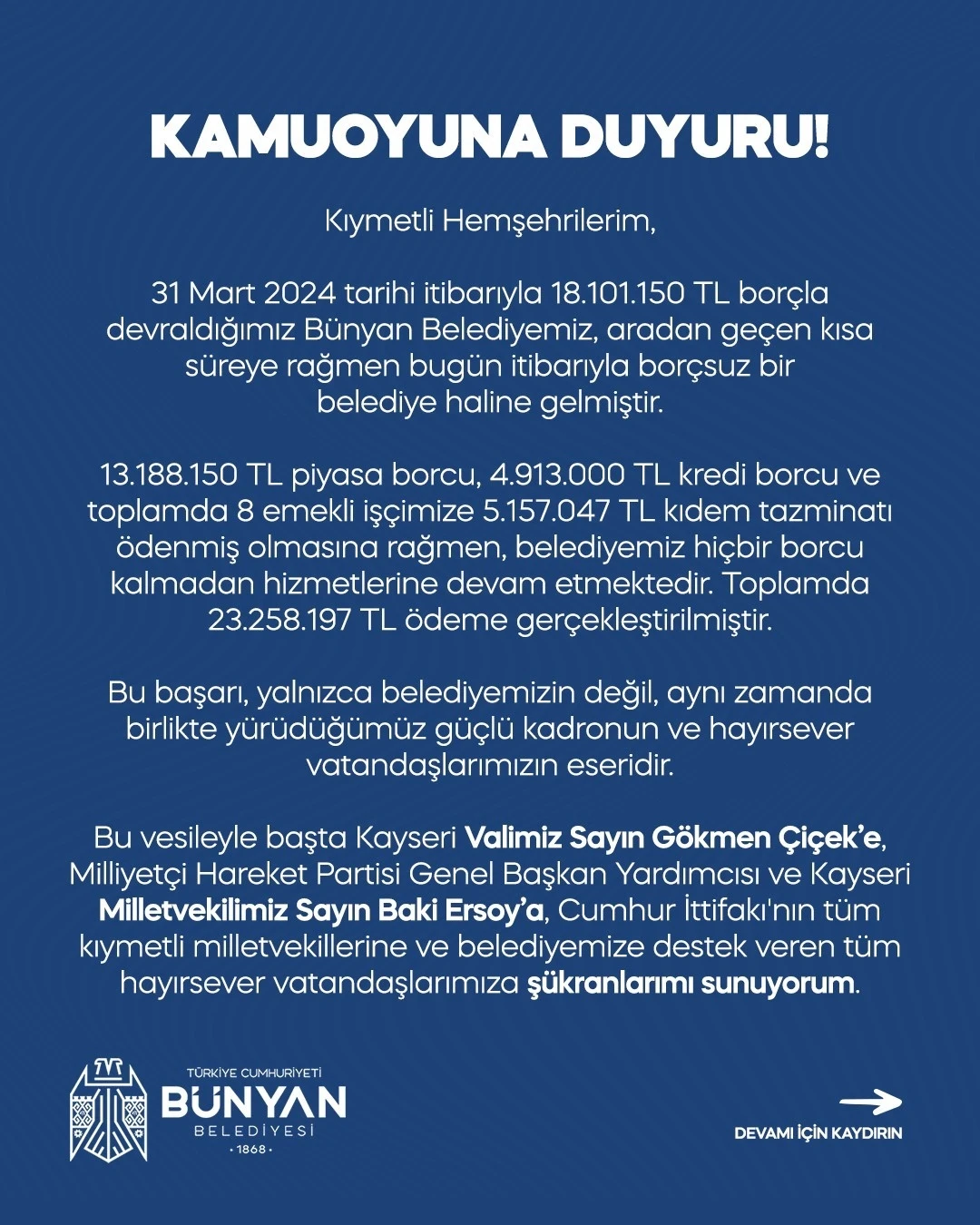 Bünyan Belediyesi borçsuz hale geldi
