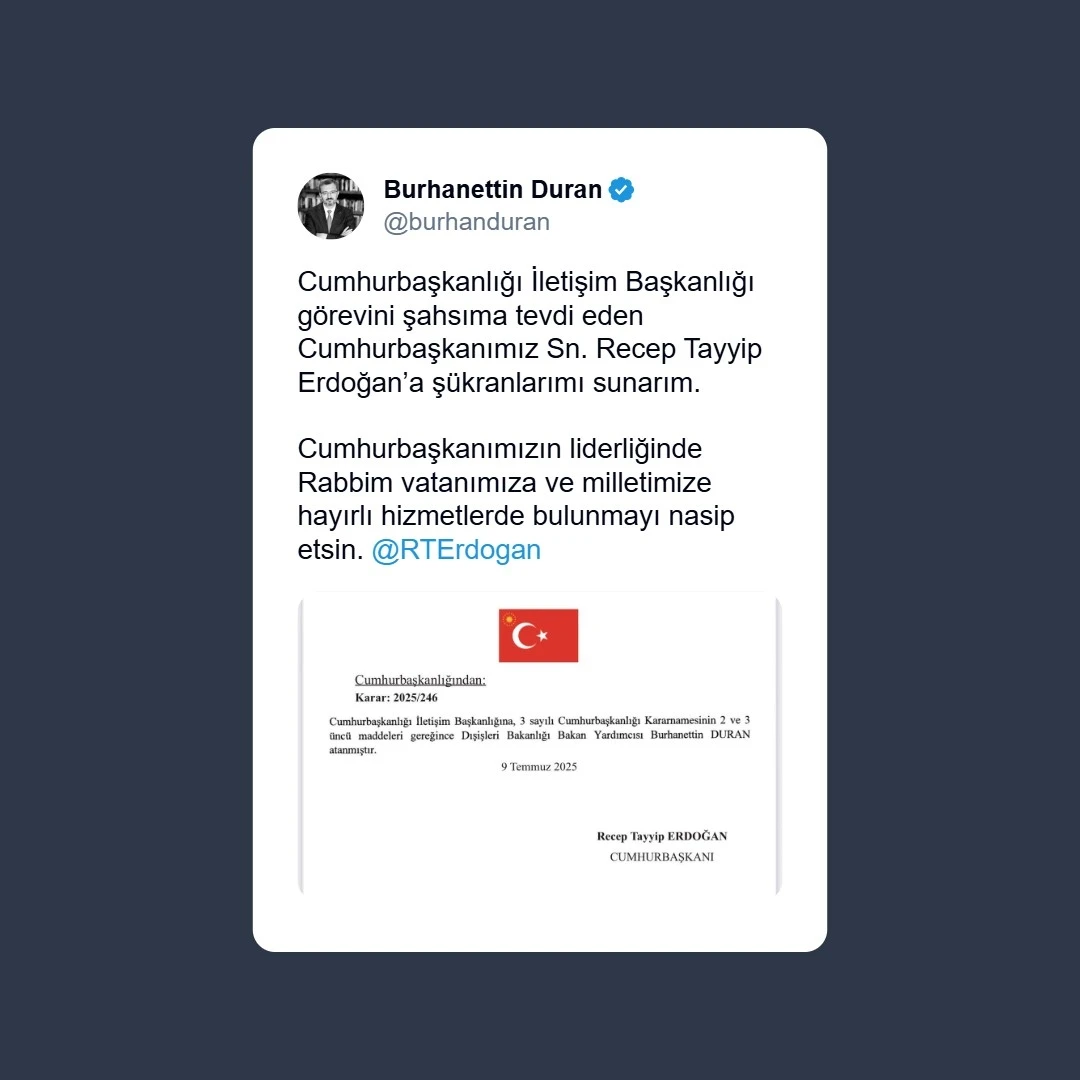 Burhanettin Duran, Cumhurbaşkanlığı İletişim Başkanlığına atandı
