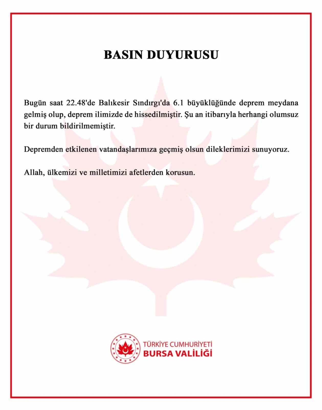 Bursa’da hissedilen depreme Bursa Valiliği’nden açıklama